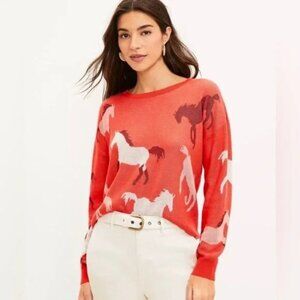 Ann Taylor LOFT Red Fire Horse Equestrian Novelty Print Pullover Sweater SZ XL